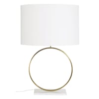 Lámpara de mármol blanco y metal dorado con pantalla de algodón blanco