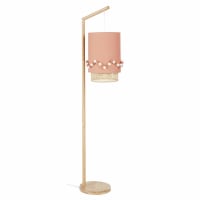 HOUNA - Lámpara de pie de madera de caucho con pantalla rosa con pompones, Alt. 160