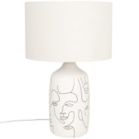 Lampe aus ecrufarbener Keramik mit Gesichtermotiv und Lampenschirm aus Leinen