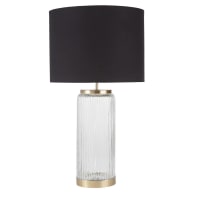 Lampe base en verre strié et métak doré, abat-jour en coton noir H79