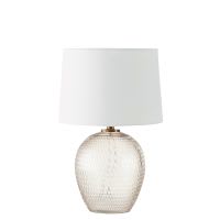 Lampe mit ziseliertem rosa getöntem Glasfuß und weißem Lampenschirm Lampe mit ziseliertem rosa getöntem Glasfuß und weißem Lampenschirm