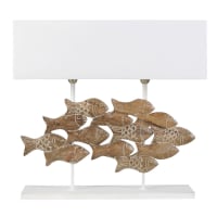 FISH - Lampe poissons en manguier sculpté et abat-jour blanc