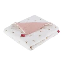 ANTWERP - Manta de gasa de algodón orgánico color crudo y rosa con golondrina 75 x 100 cm