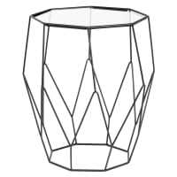JAYA - Mesa auxiliar octogonal de metal negro y cristal