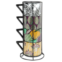Metallturm mit 4 bunt bedruckten Fayence-Tassen
