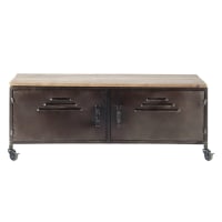 WAYNE - Mueble de TV industrial con ruedas 2 puertas de metal y abeto