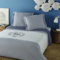 OUESSANT - Parure de lit en coton blanc motif à rayures bleues 240x260
