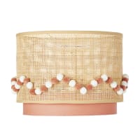 LOUNA - Pink pendant light lampshade in beige rattan with pom poms