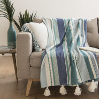 Plaid in cotone a righe blu e verde, 160x210 cm Plaid in cotone a righe blu e verde, 160x210 cm