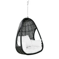 Poltrona sospesa da giardino in resina intrecciata nera e cuscini bianchi Poltrona sospesa da giardino in resina intrecciata nera e cuscini bianchi