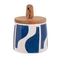 PORQUEROLLES - Pot en grès crème et bleu marine couvercle en bois d'acacia H9