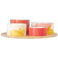 LOREA - Red, white, blue, yellow and dusty pink stoneware appetiser dishes (x4) and bamboo tray