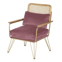 ROSALIE - Roze fluwelen fauteuil uit gevlochten rotan