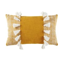 LIMANA - Saffraangeel kussen van geweven katoen met pompons 30 x 50 cm