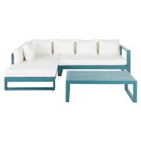 THETIS - Salón de jardín de 4/5 plazas de aluminio azul verdoso con cojines blancos y mesa a juego