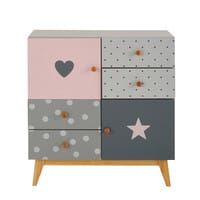 Schrank mit 2 Türen und 4 Schubladen, grau und rosa Schrank mit 2 Türen und 4 Schubladen, grau und rosa