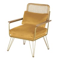 ROSALIE - Sessel aus Rattangeflecht mit ockerfarbenem Samtbezug