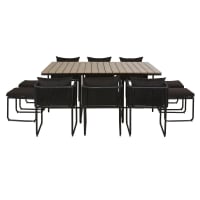 SWANN - Set aus Gartentisch aus Verbundwerkstoff in Teak-Optik für 10 Personen, L170cm, 6 Sesseln und 4 Hockern aus schwarzem Kunstharz