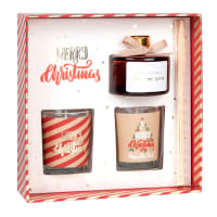 RED CHRISTMAS - Set candele profumate (x2) e diffusore in vetro con stampa rossa, bianca, dorata e verde