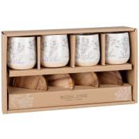 AUDREY - Set met ecru kopjes van gres met plantenmotief (x4) en acaciahouten schoteltjes