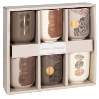 KRISTEL - Set met kopjes van gres met meerkleurige grafische motieven (x6) en mangohouten schoteltjes