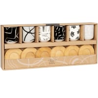 VIGGO - Set met porseleinen kopjes met zwarte, witte en grijze motieven (x3) en schoteltjes van mangohout