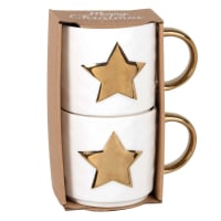 Set of 2 porcelain cups with white and gold star print