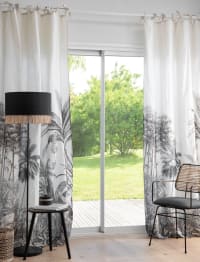 PARADISE - Single sheer cotton eyelet curtain with ecru and black palm print 140x250cm
