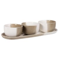 Snack tray with 3 white and khaki porcelain bowls