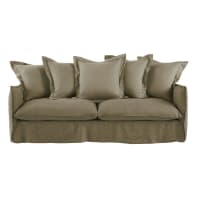 BARCELONE - Sofá cama de 3/4 plazas de lino verde caqui con colchón de 6 cm