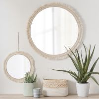Specchio rotondo a frange in cotone beige, 42 cm Specchio rotondo a frange in cotone beige, 42 cm