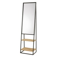 WILLOW - Spiegel mit Ablageflächen aus schwarzem Metall und Tannenholz 45x161