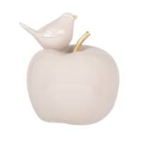 Statuette pomme et oiseau en porcelaine blanche et dorée H14