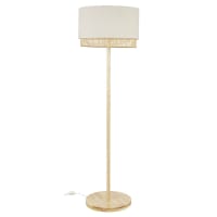 Stehlampe aus Mangoholz mit Lampenschirm aus beigem Leinen und Rattan, H166cm