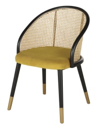 SOCKETTE - Stuhl mit Armlehnen, ockerfarbenem Samtbezug und aus Rattangeflecht