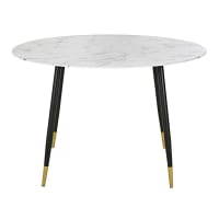 PHEA - Table à manger en verre effet marbre blanc et métal coloris laiton et noir 5/6 personnes D120