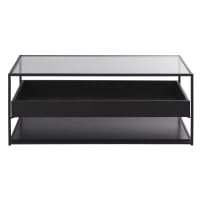 RAVEN - Table basse 2 plateaux en métal noir et verre