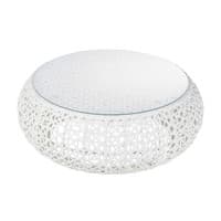 Table basse de jardin en verre trempé et résine tressée blanche L 92 cm Table basse de jardin en verre trempé et résine tressée blanche L 92 cm