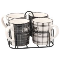 Tablett mit 4 Kaffeebechern aus Fayence, bedruckt Tablett mit 4 Kaffeebechern aus Fayence, bedruckt