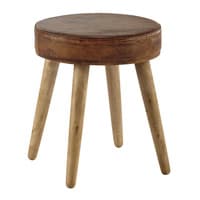 Tabouret en cuir marron et eucalyptus Tabouret en cuir marron et eucalyptus