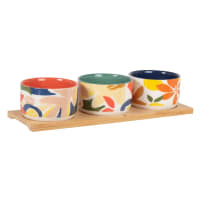 ENEA - Taças de aperitivos em grés com motivo de plantas multicolor (x3) e tabuleiro em bambu