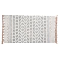 TOULON - Tapis à franges en coton blanc motifs bleus 90x150cm