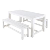 BREHAT - Tavolo bianco + 2 panche da giardino in legno L 180 cm