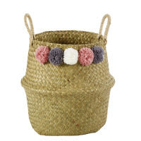 Thailändischer Korb aus Pflanzenfaser mit Pompons H28 Thailändischer Korb aus Pflanzenfaser mit Pompons H28