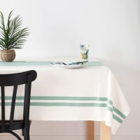 AMANCIO - Tischdecke aus Bio-Baumwolle mit ecrufarbenen und blauen Fransen, OEKO-TEX® zertifiziert, 140x250cm