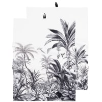 PARADISE - Torchons en coton bio imprimé tropical blanc et noir (x2)