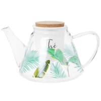 BEHARA - Transparent glass teapot with green plant print and porcelain 1.2L