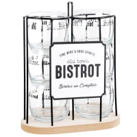 BISTROT OLD TOWN - Trinkbecher aus transparentem Glas mit schwarzen Inschriften und Halter aus Metall und Eukalyptusholz