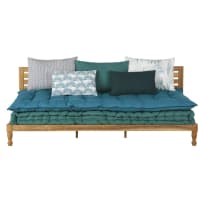 SERENGETY - Tuinbank van massief acaciahout en groene en blauwe katoenen stof met 3 zitplaatsen