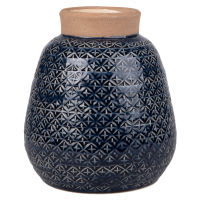 Vaso in ceramica blu motivi grafici e cemento, 20 cm Vaso in ceramica blu motivi grafici e cemento, 20 cm